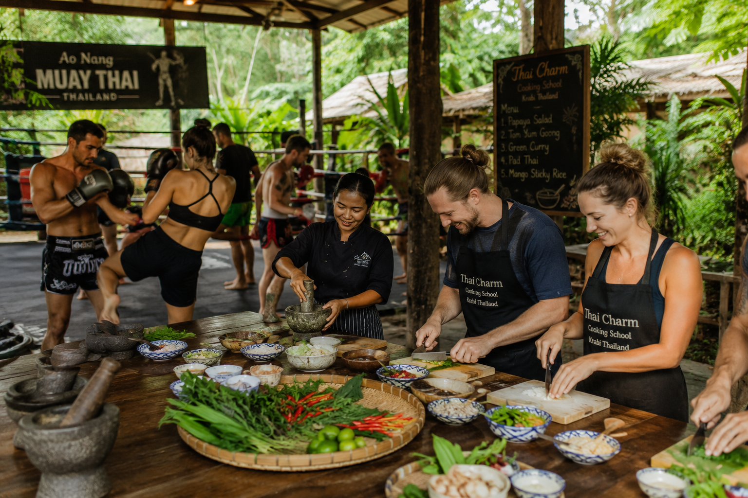 Guests inside a hands-on Thai cooking class in Krabi